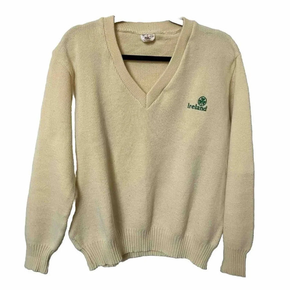 Vintage Foxhunter Yellow Acrylic Knit V-neck Embroidered Ireland Sweater - Picture 1 of 8